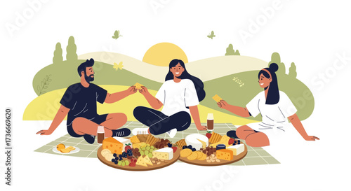 Friends Celebrating Sunny Day Picnic, Sharing Cheese, Joyful Outdoor Gathering Together