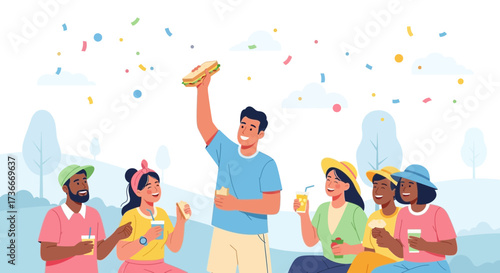 Friends Celebrating Together Outdoors With Food And Drinks During Party Time In The Park