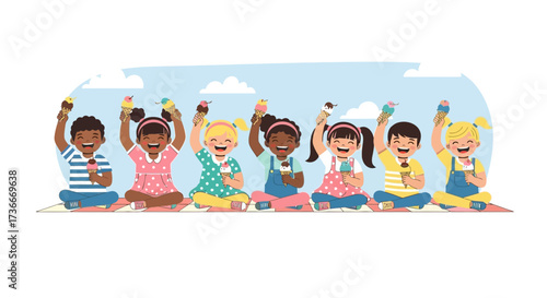 Happy Children Enjoying Ice Cream Cones Together, Sitting on a Picnic Blanket