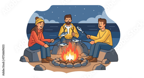 Friends enjoying a beach campfire at night, roasting fish, illustration.