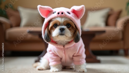 Shitsu dressed as a pig at home