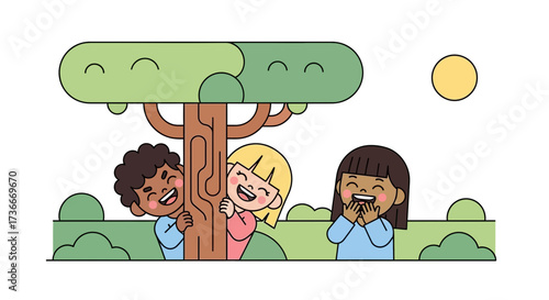 Happy children playing hide and seek behind a tree in cheerful cartoon illustration