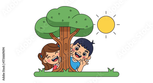 Happy children playing hide and seek behind a tree with the sun shining