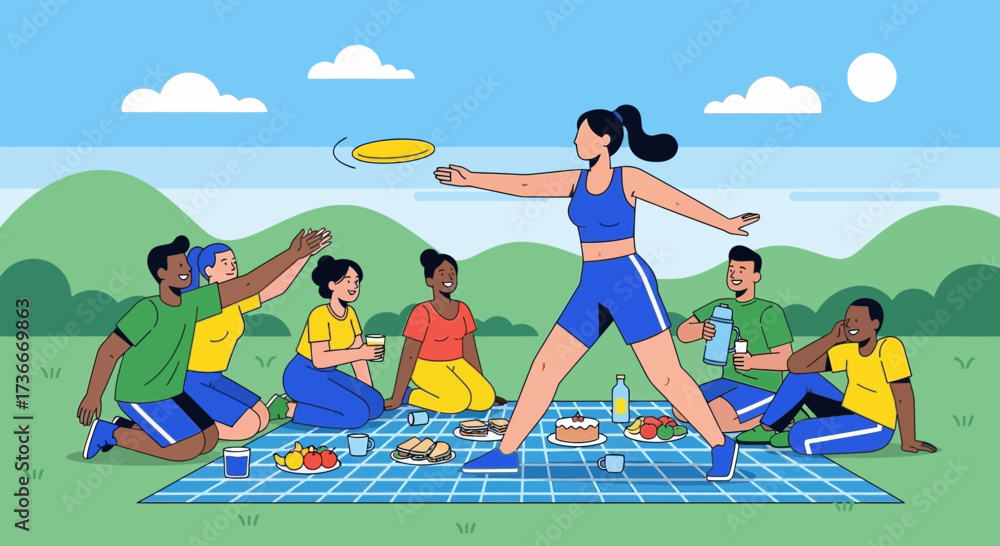 Fototapeta premium Friends Enjoying Outdoor Leisure Activities During a Sunny Day with Frisbee