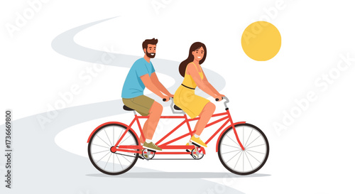 Happy couple riding tandem bicycle in the outdoors during the day time scenery