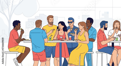Friends Enjoying Food And Drinks Outdoors During The Bright Sunny Day Activity