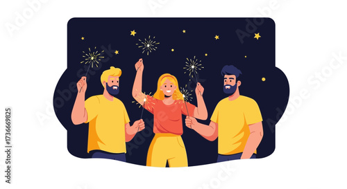 Friends Enjoying Light Show Fireworks Sparklers During Night Celebration Together