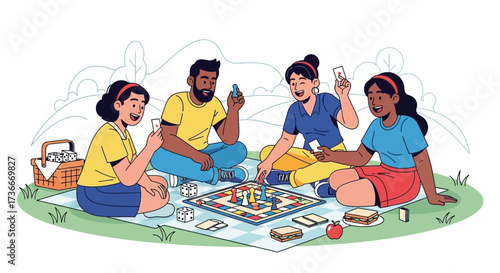 Friends Enjoying Leisure Outside Play Board Game With Excitement Together