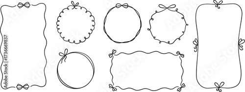 Bow circle and rectangle coquette frame set. Vintage lace ribbon round border. Hand drawn circle line bow frame. Doodle girly decorative border. Vector illustration isolated on white background.