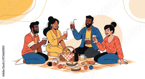 Friends Enjoying Picnic Outdoors Illustration: Perfect Harmony of Food, Drinks, and Joy