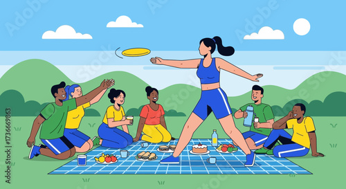 Friends Enjoying Outdoor Leisure Activities During a Sunny Day with Frisbee