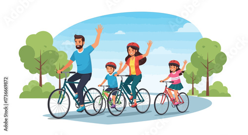 Happy family enjoying a bicycle riding day in the park, illustration vector style