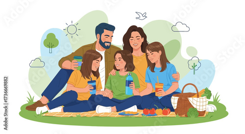Happy family enjoying a picnic in the park on a sunny day vector illustration