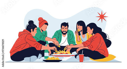 Friends Gathered Together Enjoying Snacks and A Cheerful Moment Of Togetherness