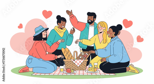 Happy Friends Enjoy A Leisurely Picnic Together On A Sunny Day Together, Celebrating Love