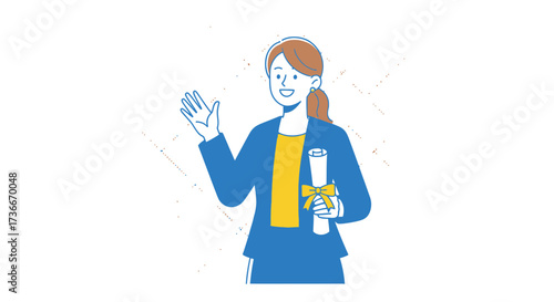 Happy Female Graduate Waving And Holding Diploma After Education Completion Presentation