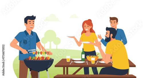 Happy friends gathered around a barbecue table at a summer outdoor picnic