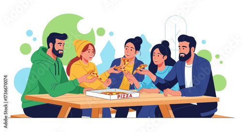Friends Gathering Around Table, Sharing Pizza, Experiencing Cheerful Moment Together
