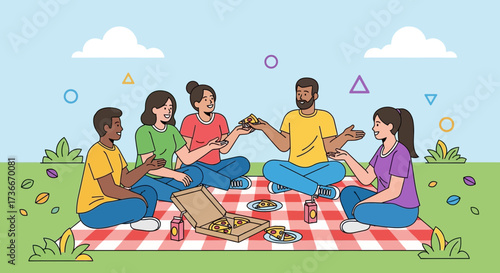 Happy Friends Sharing Pizza Outdoors, Embracing Leisure And Sociability In A Cheerful Gathering