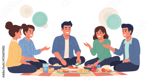 Happy Friends Gathered Around Picnic Sharing Laughs Enjoying Food Together Outside