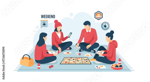 Friends Gathering Together At Home Playing Board Games During The Weekend Holiday