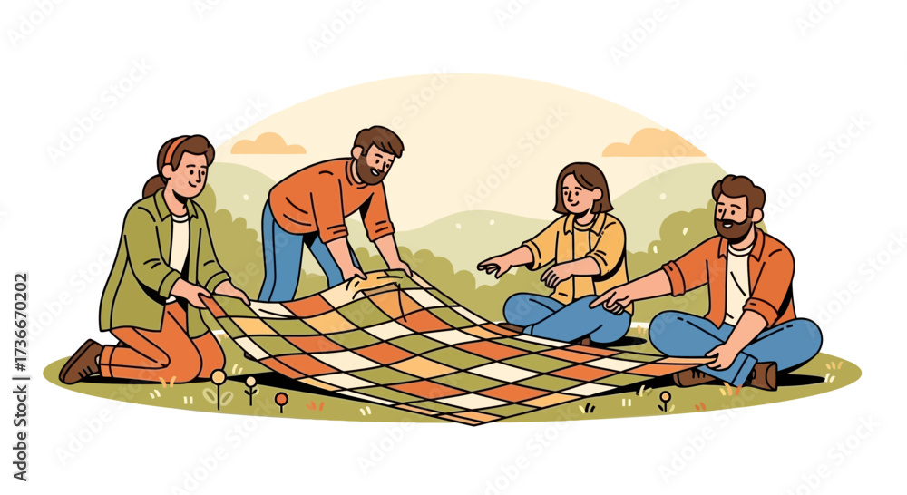 Obraz premium Friends Preparing a Picnic Blanket in a Park under a Blazing Sky, Ready for Fun
