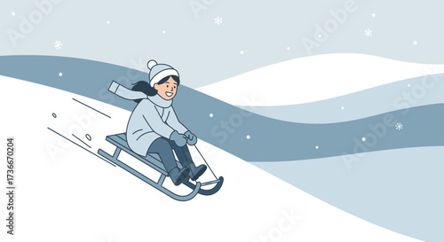 Happy girl enjoying sledding on a snowy winter day downhill illustration
