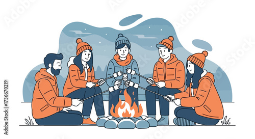 Friends roasting marshmallows around a campfire in a winter outdoor illustration