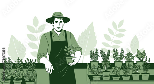 Gardener Holding Potted Plant Smiling, Garden Illustration, Plants Collection, Green Tones Style