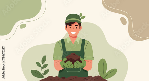 Gardener Holding Soil Illustration Depicting Gardening, Nature, Growth, and Agriculture