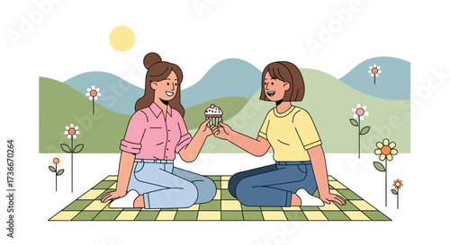 Friendship's Sweet Moment: Two Ladies Sharing Dessert During a Joyful Outdoor Picnic