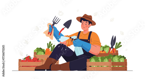 Gardener Inspecting Vegetables, Preparing Garden Supplies with Fresh Harvest