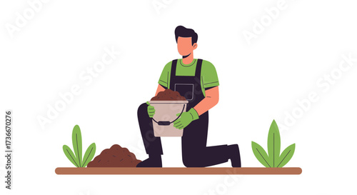 Gardener Kneeling, Holding A Bucket Of Compost, Planting Vegetation On White Space