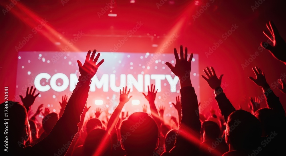 custom made wallpaper toronto digitalA crowd of people with their hands raised in the air at a concert or event, illuminated by red stage lights with the word community displayed on a screen behind them