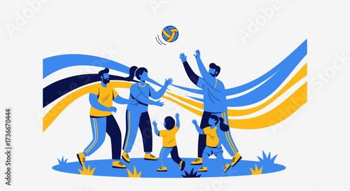 Family Playing Volleyball Together In The Park With Fun, Great Time