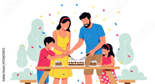 Family Rejoices Together as They Prepare To Cut A Festive Celebration Cake Together