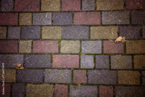 Old Stone Pavement Texture Background, Ancient Granite Cobblestone Road Pattern, Color Vintage Block Sidewalk Mockup, Paved Roadway Banner with Copy Space for Text