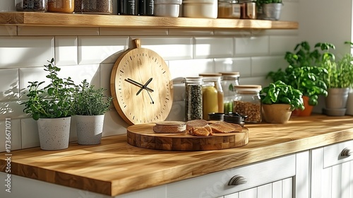 Scandinavian style wall clock with a natural wood finish hanging in a bright kitchen with white cabinets and green plants blending seamlessly with the minimalist aesthetic