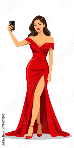 Beautiful woman take selfie red evening gown