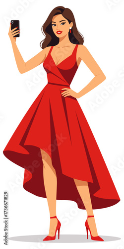 Elegant woman take selfie red evening dress