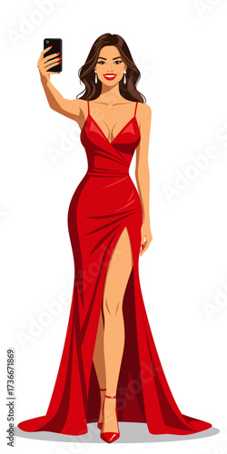 Attractive woman take selfie elegant long dress