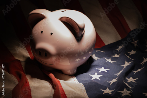 Piggy Bank on American Flag – Symbol of Fragile Economy