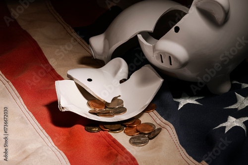 Piggy Bank Pieces with Coins on Flag – Fragile SavingsPiggy Bank Pieces with Coins on Flag – Fragile Savings