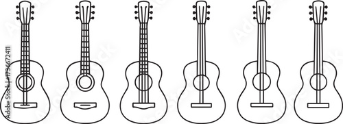 Guitar Line and black Icon Set – Acoustic Guitar Silhouettes in Different Styles.