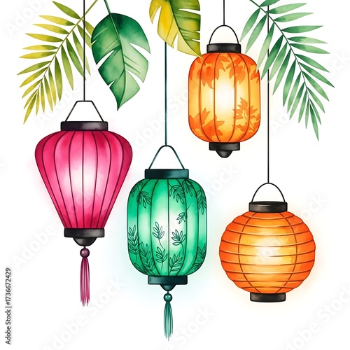 Colorful Hanging Asian Lanterns with Tropical Leaves Watercolor Illustration.