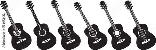 Guitar Line and black Icon Set – Acoustic Guitar Silhouettes in Different Styles.