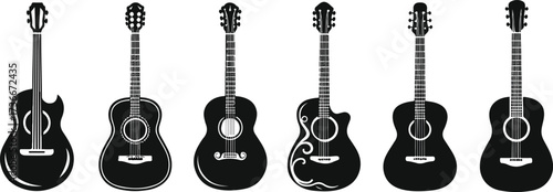 Guitar Line and black Icon Set – Acoustic Guitar Silhouettes in Different Styles.