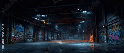 The urban soul of a vast abandoned warehouse, showcasing vibrant street art and graffiti in a dynamic and atmospheric setting for gritty stories