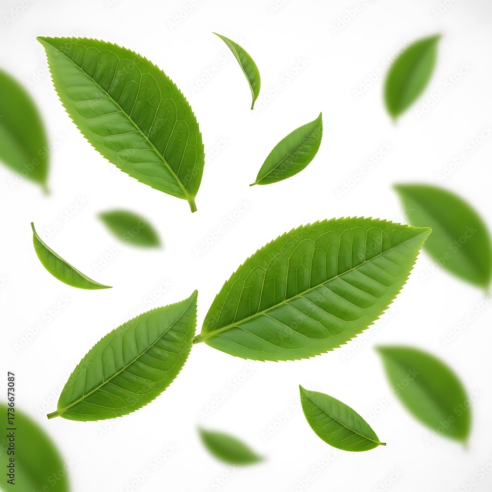 Fototapeta premium Fresh Green Tea Leaves Falling on White Background.