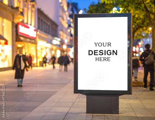 City street billboard mockup at night with illuminated shop background